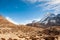 Valley leading to the Everest base camp with Cholatse and Taboche peak. Trekking in Nepal Himalayas. EBC Everest base camp trek