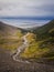 Valley of the Martial glacier and his river with Ushuaia and the Beagle channel in the back