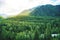 Valley and mountain ridge. thick forest nature landscape aerial drone view high above thick forests. Beautiful taiga landscape.