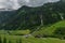 Valley near Kreealm waterfall in Austria Alps mountains on big wall