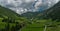 Valley near Kreealm waterfall in Austria Alps mountains on big wall