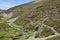 Valley path running through heather and scree over small beck