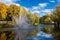 Valmiera. Latvia. City autumn landscape with a pond and fountain