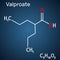 Valproate, VPA, valproic acid molecule. It is anticonvulsant and antiepileptic drug. Structural chemical formula on the dark blue