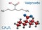 Valproate, VPA, valproic acid molecule. It is anticonvulsant and antiepileptic drug. Structural chemical formula and molecule