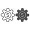Valuable gear line and solid icon. Mechanism cog wheel with dollar symbol, outline style pictogram on white background