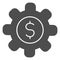 Valuable gear solid icon. Mechanism cog wheel with dollar symbol, glyph style pictogram on white background. Money sign