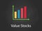 Value stocks chart illustration with colourful bar, white text and black background