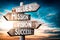 Values, mission, vision, success - wooden signpost, roadsign with four arrows