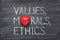 Values, morals, ethics heart