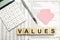 VALUES - words from wooden blocks with letters, ethics moral philosophy concept, white background