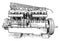 Valve Side View of Six Cylinder Rolls Royce Engine, vintage illustration
