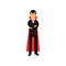 Vampire character posing with folded hands, Count Dracula wearing black suit and red cape vector Illustration