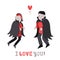 Vampire cute couple in love with heart vector illustration (greeting card)