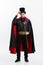 Vampire Halloween Concept - Full length Portrait of handsome caucasian Vampire in black and red halloween costume.