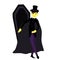 A vampire in a suit, cloak and hat. Halloween illustration in cartoon childish style. The bloodsucker is very charming.