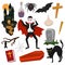 Vampire vector cartoon dracula character in scary halloween costume and vampirism signs illustration set of spooky evil