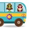 Van with flower and hippie people concept