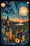 Van Gogh\\\'s cubism geometric city sunset double exposure detailed ink liquid under starry sky