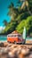 Van Life. Miniature of Tropical Island Paradise With Camper Van With Tilt-Shift Photography Effect. AI GeneratedAI Generated