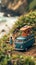 Van Life. Miniature of Tropical Island Paradise With Camper Van With Tilt-Shift Photography Effect. AI GeneratedAI Generated