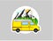 Van Life sticker. Yellow van with forest and mountains in the background. Living van life, camping in the nature, travelling.