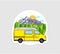 Van Life sticker. Yellow van with forest and mountains in the background. Living van life, camping in the nature, travelling