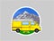Van Life sticker. Yellow van with  mountains in the background. Living van life, camping in the nature, travelling.