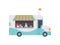 Van Shop with Fast Food, Drinks and Seller, Street Food Transport for Street Market Vector Illustration