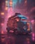 Van in a Steampunk and Cyberpunk City