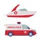 Van or Truck with Siren and Motor Boat as Ambulance Emergency Rescue Service Vehicle and Medical Care Transport Vector