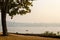 VANCOUVER, BC, CANADA - AUG 20, 2018: Children play in the ocean near a North Vancouver beach with the haze from forest