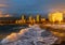 Vancouver BC Canada. February 2021. English bay beach strong wave with orange sunset lights effect backgrounds