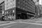 VANCOUVER, CANADA - APRIL 14, 2020: black and white street view with hotel Belmont buildings in downtown