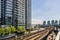 VANCOUVER, CANADA - APRIL 14, 2020: SkyTrain rapid transit system elevated rail road in downtown