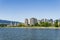 VANCOUVER, CANADA - MAY 08, 2020: Burrard Inlet and tall buildings with clear blue sky