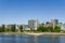 VANCOUVER, CANADA - MAY 08, 2020: Burrard Inlet and tall buildings with clear blue sky