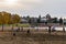 VANCOUVER, CANADA - NOVEMBER 21, 2020: people playing beach volleyball in kitsilano autumn day