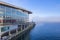 Vancouver Convention Centre and cruise ship port during foggy mo