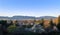 Vancouver panorama in spring at sunset. Blooming trees in the park