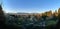 Vancouver panorama in spring at sunset. Blooming trees in the park
