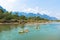 Vang Vieng, Laos - February 17, 2017: Tourists kayaking at Nam S