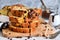 Vanilla bread with chocolate drops on the table. Slices of cake