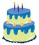 A vanilla cake with blue fondant dressing and glowing candles for celebration vector color drawing or illustration