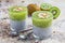 Vanilla chia pudding with kiwi, layered dessert, concrete background