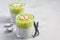 Vanilla chia pudding with kiwi, layered dessert, copy space