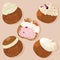 Vanilla, coffee, chocolate, macaron, strawberry cream puffs illustration
