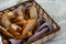 Vanilla crackers for tea, simple sweet crunchy snack in a wicker basket on natural fabric