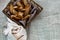 Vanilla crackers for tea, simple sweet crunchy snack in a wicker basket on natural fabric