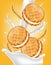 Vanilla cream cookies Vector realistic. Product placement mock up. Sweet dessert cream splash design. 3d illustrations